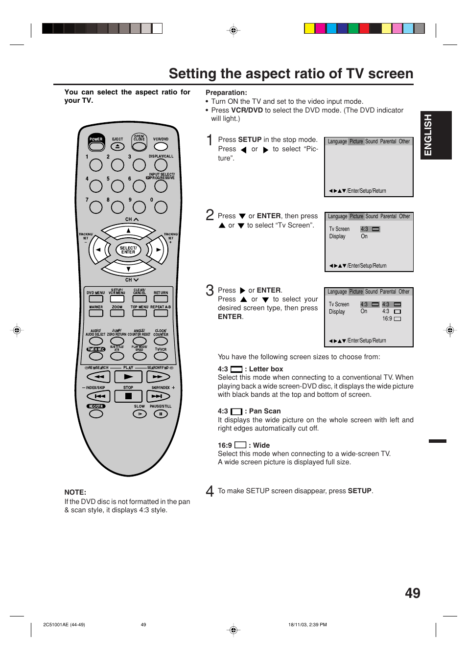 Setting the aspect ratio of tv screen, English | Memorex MVD4540B User Manual | Page 49 / 112