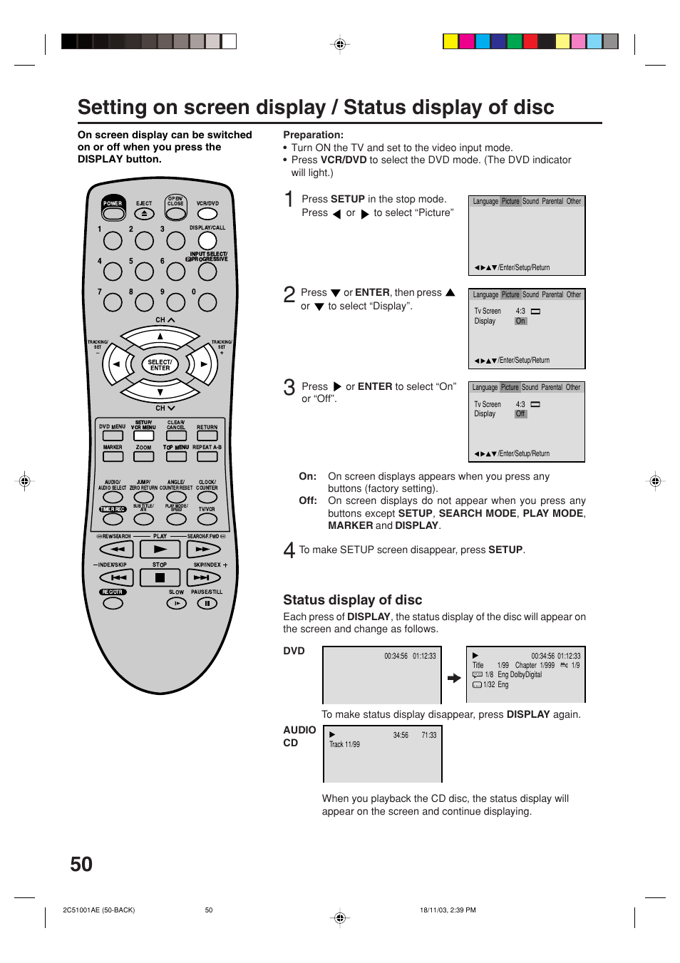Setting on screen display / status display of disc, Status display of disc | Memorex MVD4540B User Manual | Page 50 / 112