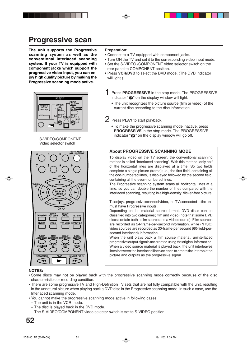 52 progressive scan, About progressive scanning mode | Memorex MVD4540B User Manual | Page 52 / 112