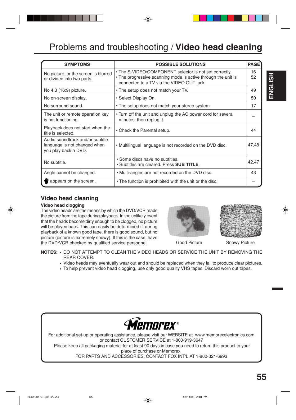 Problems and troubleshooting / video head cleaning, English, Video head cleaning | Memorex MVD4540B User Manual | Page 55 / 112