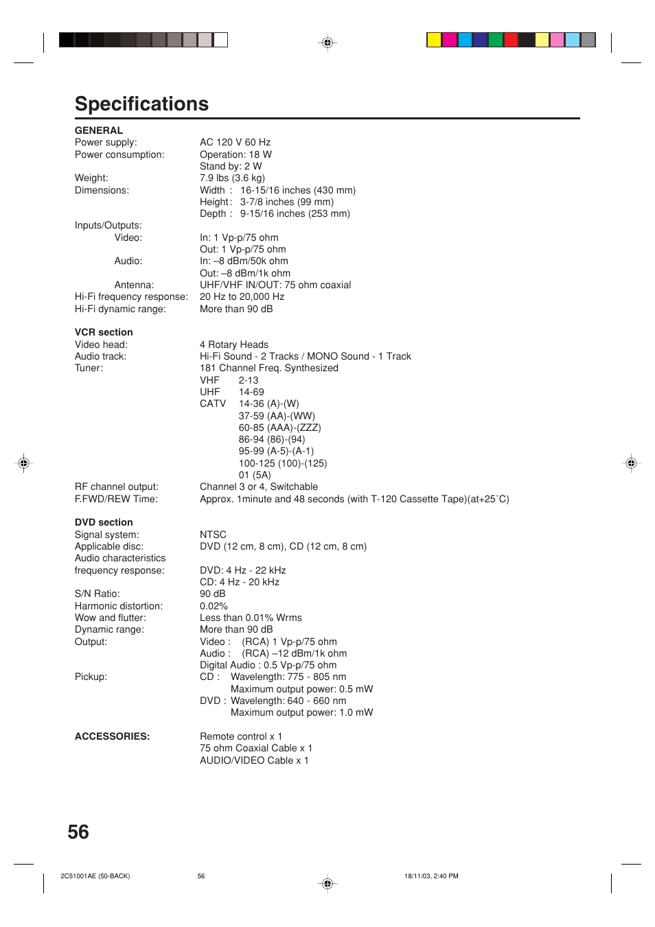Specifications | Memorex MVD4540B User Manual | Page 56 / 112