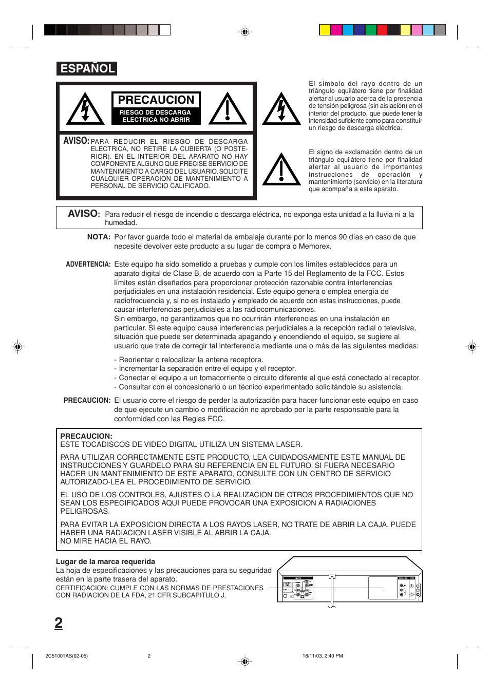 Español, Precaucion, Aviso | Memorex MVD4540B User Manual | Page 58 / 112