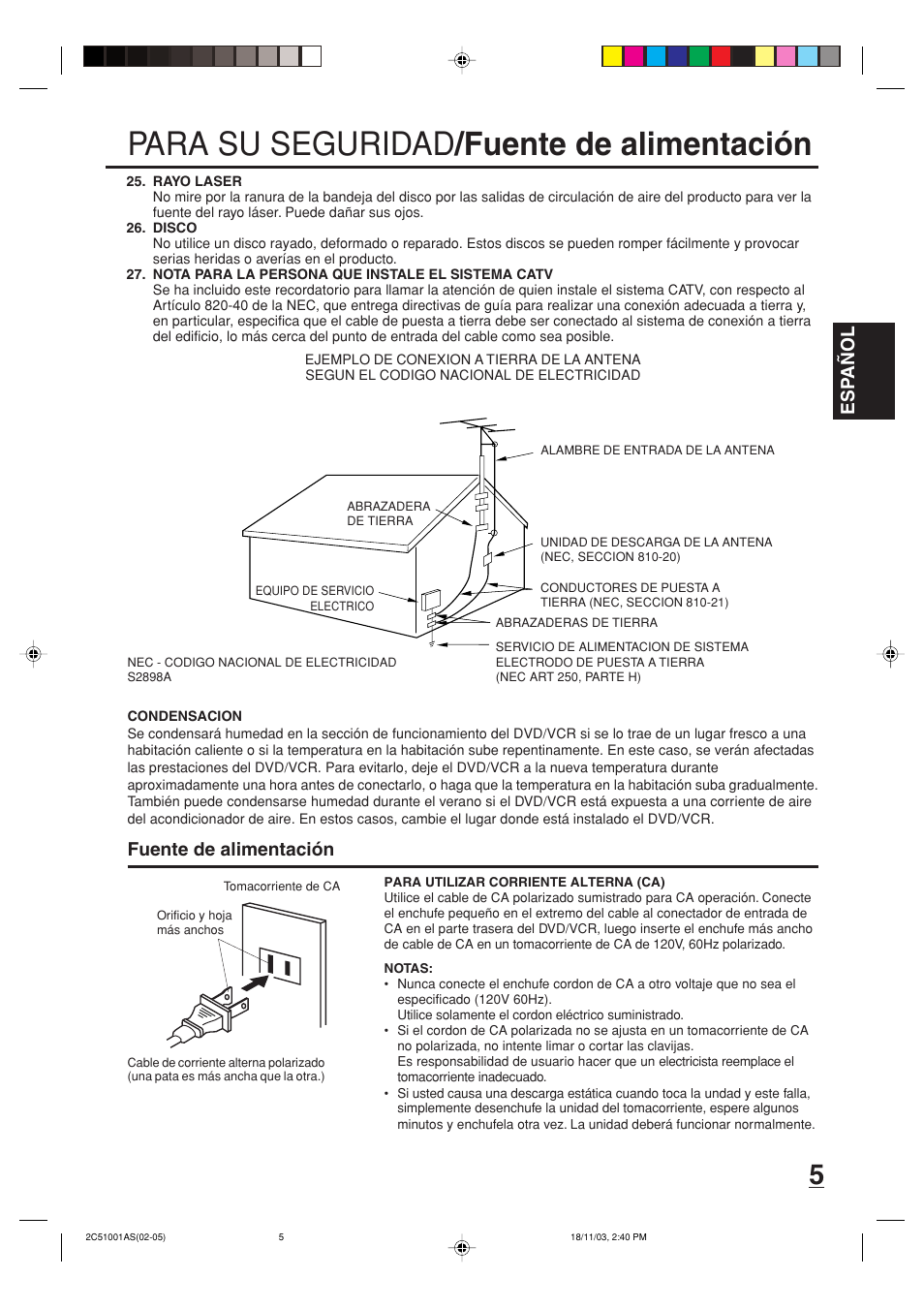 Para su seguridad /fuente de alimentación, Esp a ñ ol, Fuente de alimentación | Memorex MVD4540B User Manual | Page 61 / 112