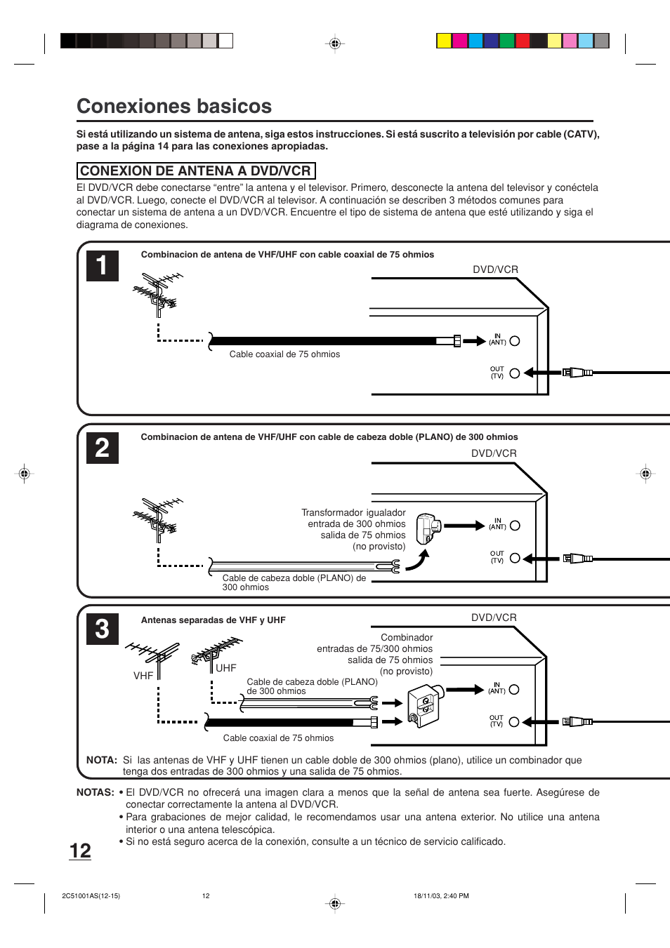 Conexiones basicos, Conexion de antena a dvd/vcr | Memorex MVD4540B User Manual | Page 68 / 112