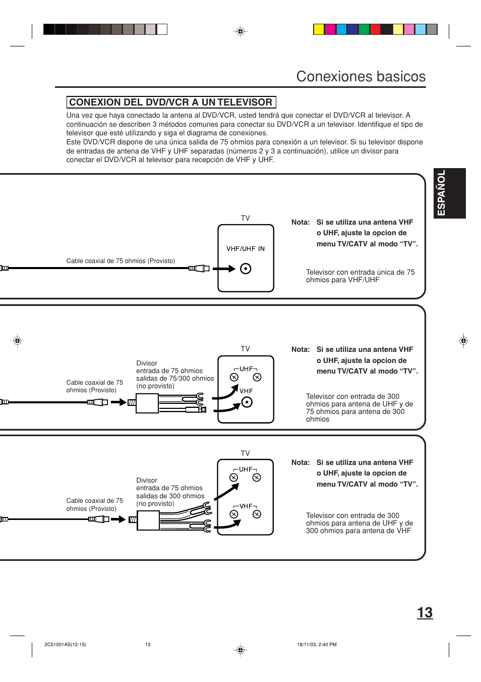 Conexiones basicos, Esp a ñ ol, Conexion del dvd/vcr a un televisor | Memorex MVD4540B User Manual | Page 69 / 112