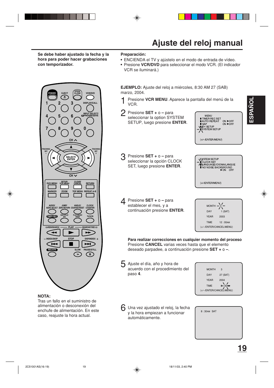 Ajuste del reloj manual, Esp a ñ ol | Memorex MVD4540B User Manual | Page 75 / 112