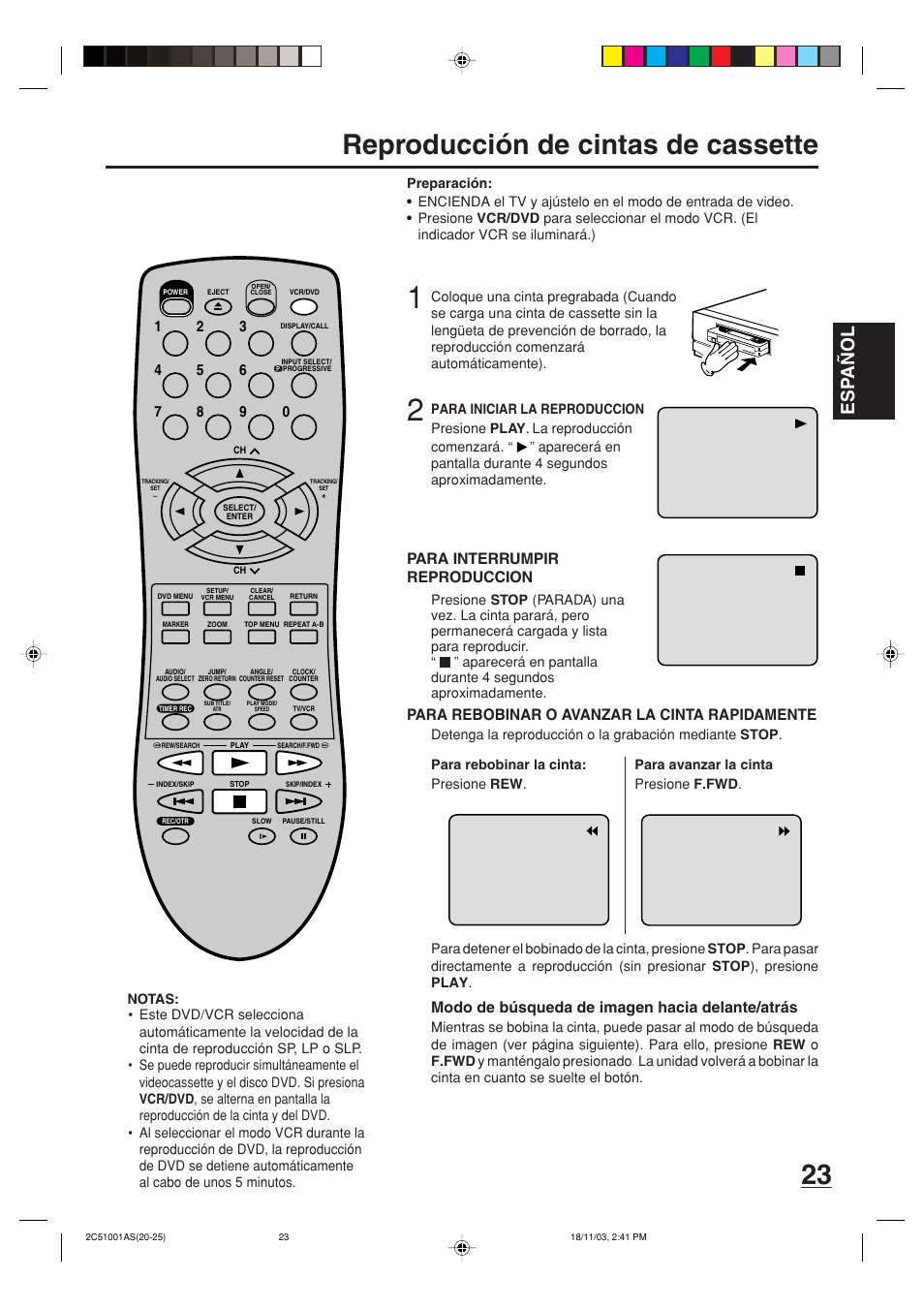 Reproducción de cintas de cassette, Esp a ñ ol, Modo de búsqueda de imagen hacia delante/atrás | Memorex MVD4540B User Manual | Page 79 / 112