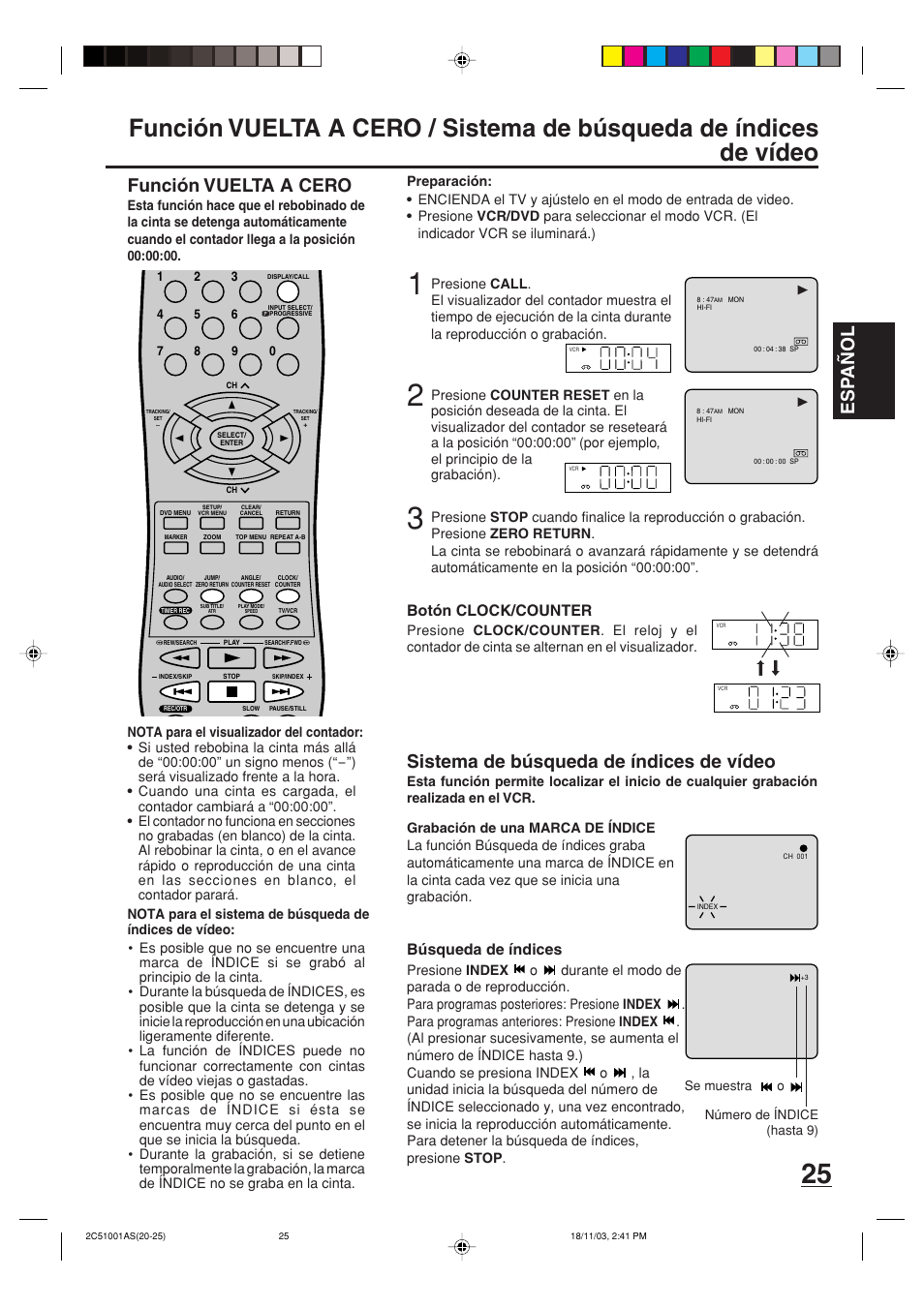 Esp a ñ ol, Función vuelta a cero, Sistema de búsqueda de índices de vídeo | Botón clock/counter, Búsqueda de índices | Memorex MVD4540B User Manual | Page 81 / 112