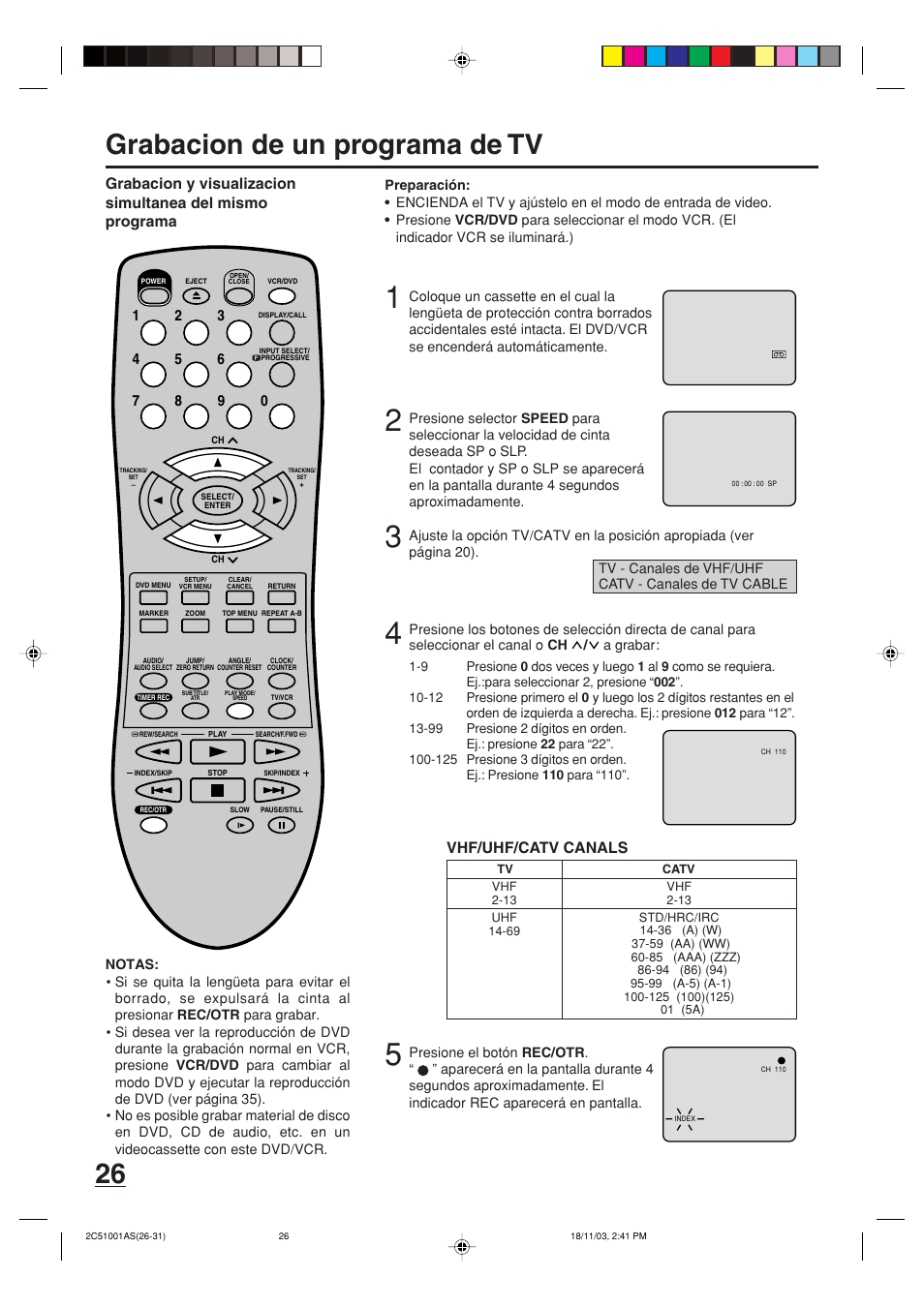 Grabacion de un programa de tv, Vhf/uhf/catv canals | Memorex MVD4540B User Manual | Page 82 / 112