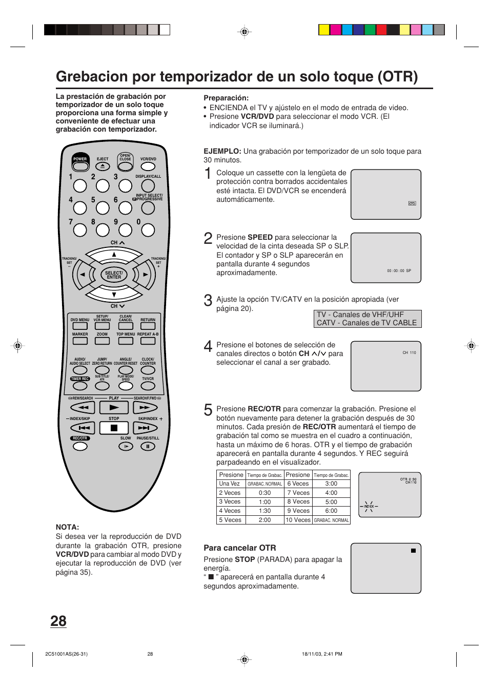 Grebacion por temporizador de un solo toque (otr), Para cancelar otr | Memorex MVD4540B User Manual | Page 84 / 112