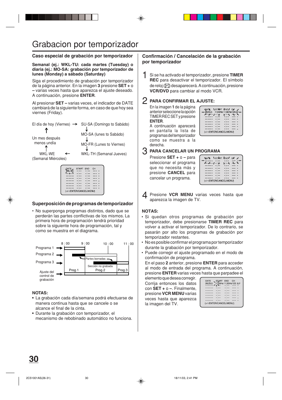 30 grabacion por temporizador, Caso especial de grabación por temporizador, Superposición de programas de temporizador | Memorex MVD4540B User Manual | Page 86 / 112