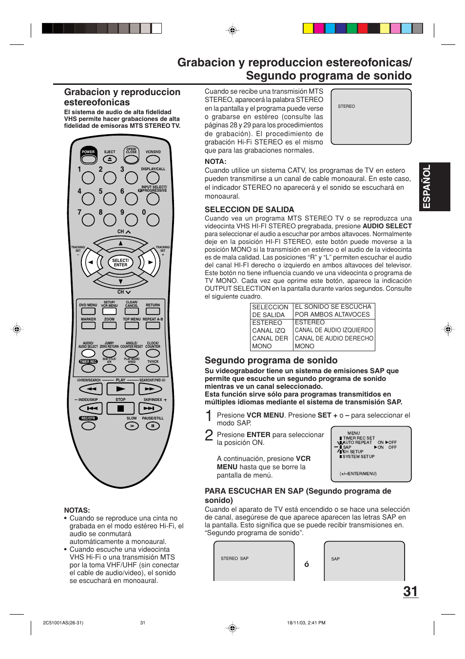 Esp a ñ ol, Grabacion y reproduccion estereofonicas, Segundo programa de sonido | Seleccion de salida | Memorex MVD4540B User Manual | Page 87 / 112