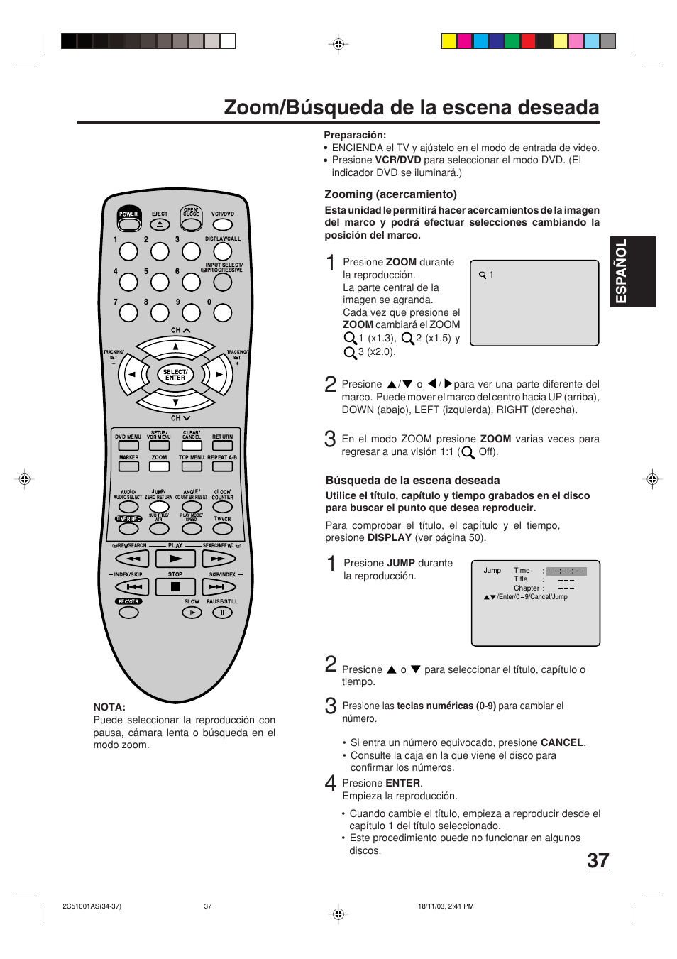 Zoom/búsqueda de la escena deseada, Esp a ñ ol, Zooming (acercamiento) | Búsqueda de la escena deseada | Memorex MVD4540B User Manual | Page 93 / 112