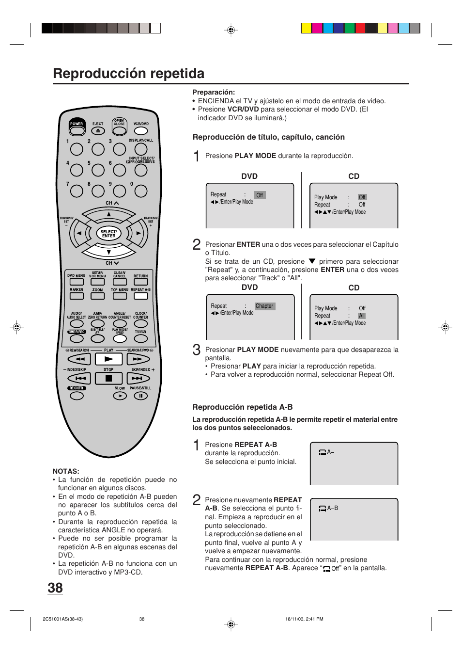 Reproducción repetida, Reproducción de título, capítulo, canción, Reproducción repetida a-b cd | Dvd cd | Memorex MVD4540B User Manual | Page 94 / 112