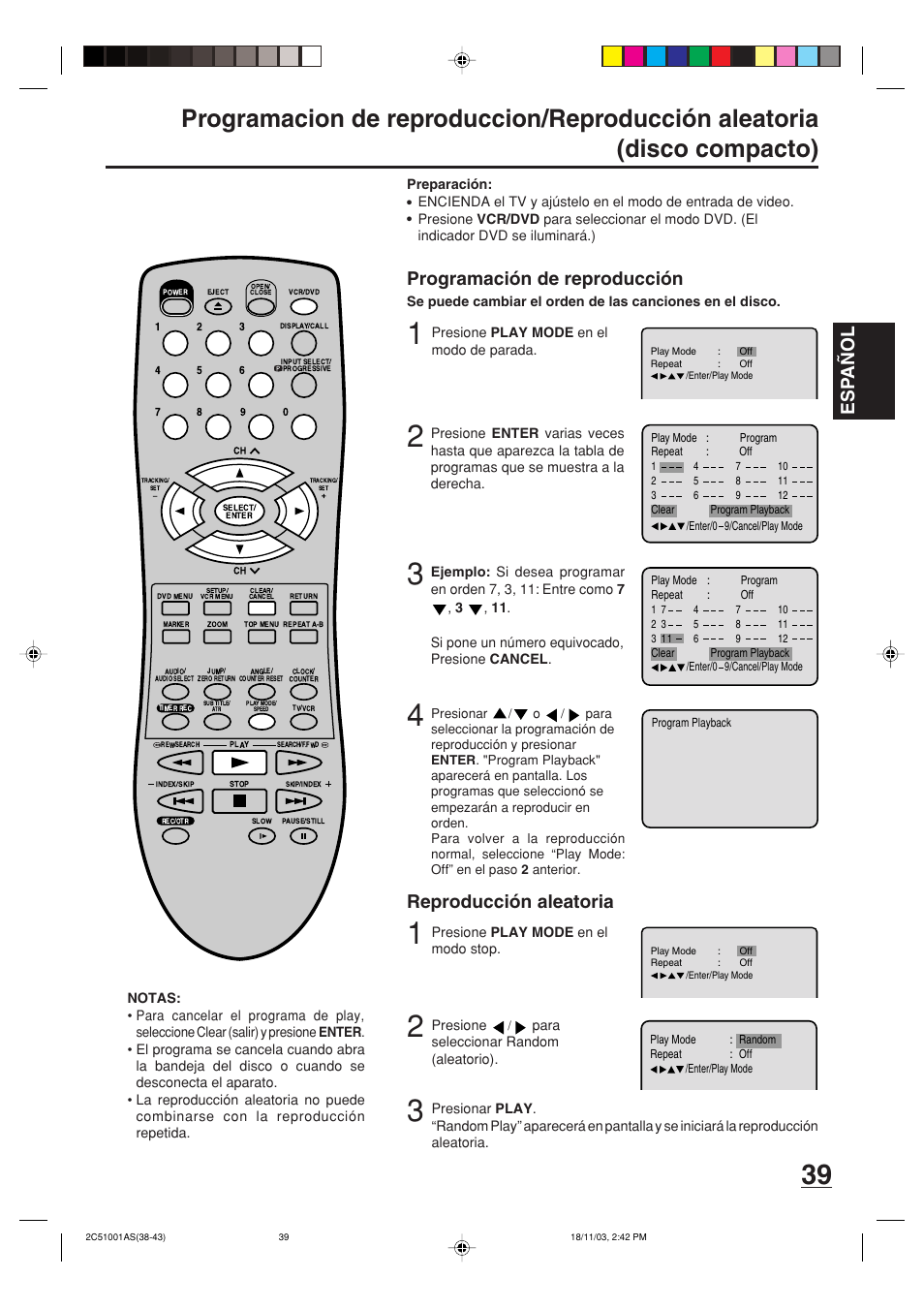 Esp a ñ ol, Programación de reproducción, Reproducción aleatoria | Memorex MVD4540B User Manual | Page 95 / 112