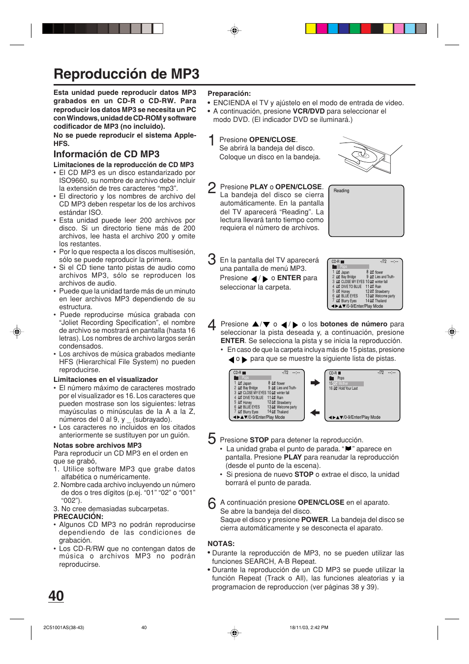 Reproducción de mp3, Información de cd mp3 | Memorex MVD4540B User Manual | Page 96 / 112