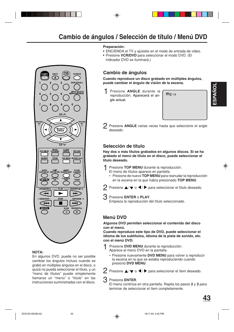 Cambio de ángulos / selección de título / menú dvd, Esp a ñ ol, Cambio de ángulos | Selección de título, Menú dvd | Memorex MVD4540B User Manual | Page 99 / 112