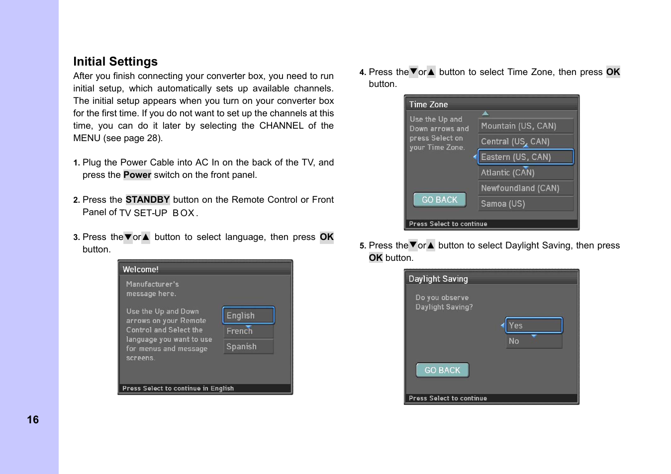 Initial settings | Memorex MVCB1000 User Manual | Page 16 / 39