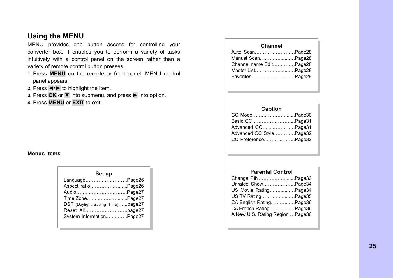 Using the menu | Memorex MVCB1000 User Manual | Page 25 / 39