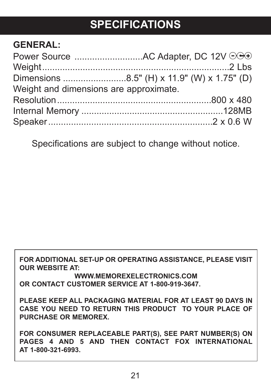Specifications | Memorex portable user User Manual | Page 21 / 21