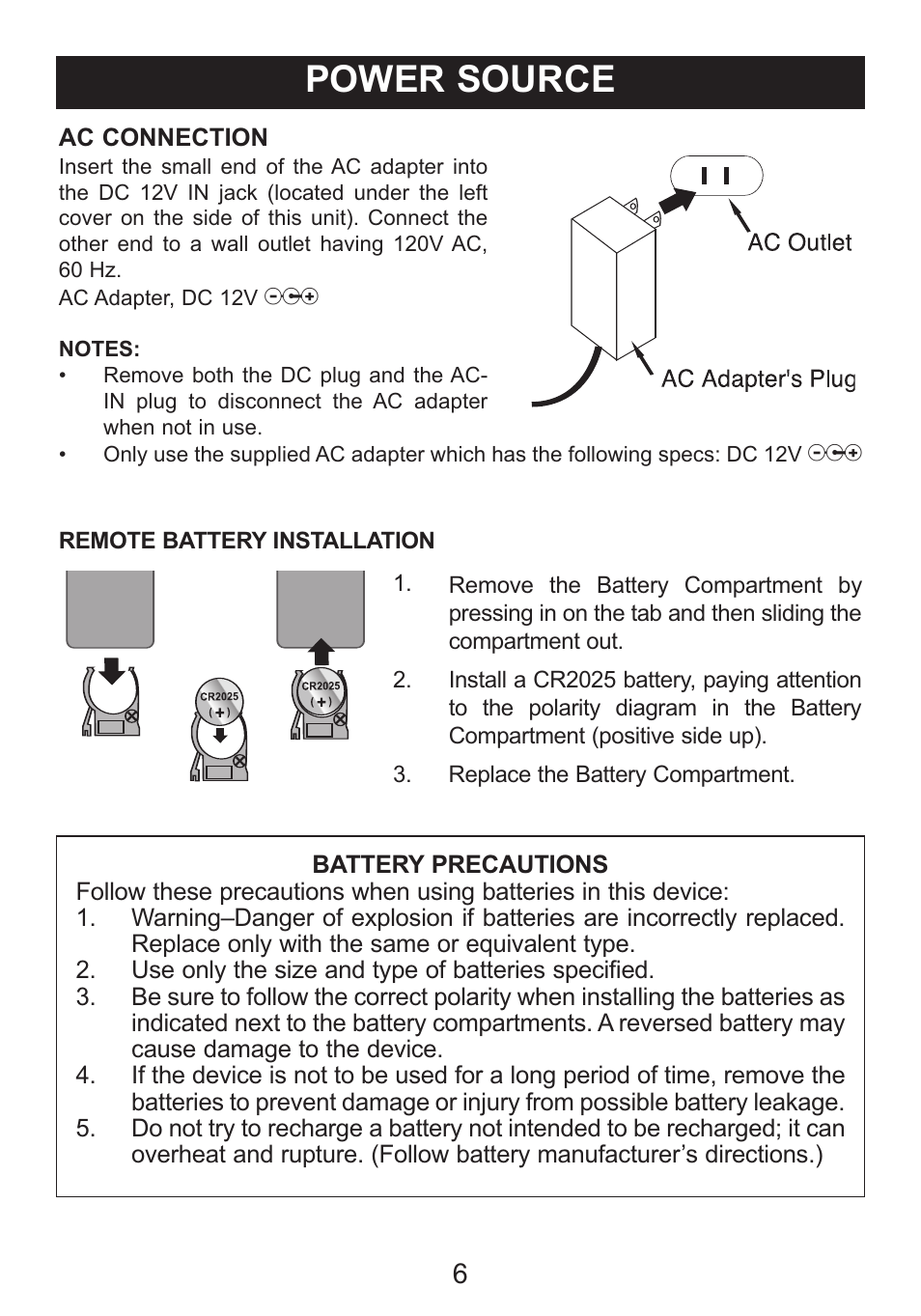 Power source | Memorex portable user User Manual | Page 6 / 21