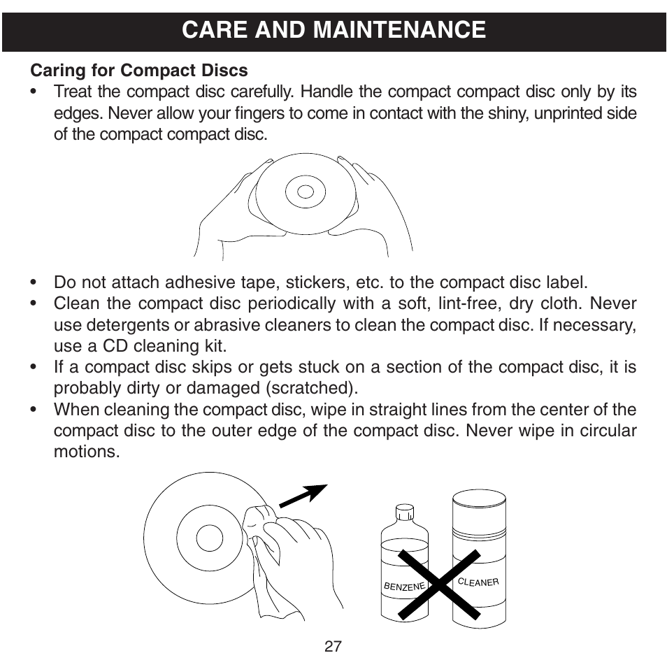 Care and maintenance | Memorex MPD8601 User Manual | Page 28 / 33