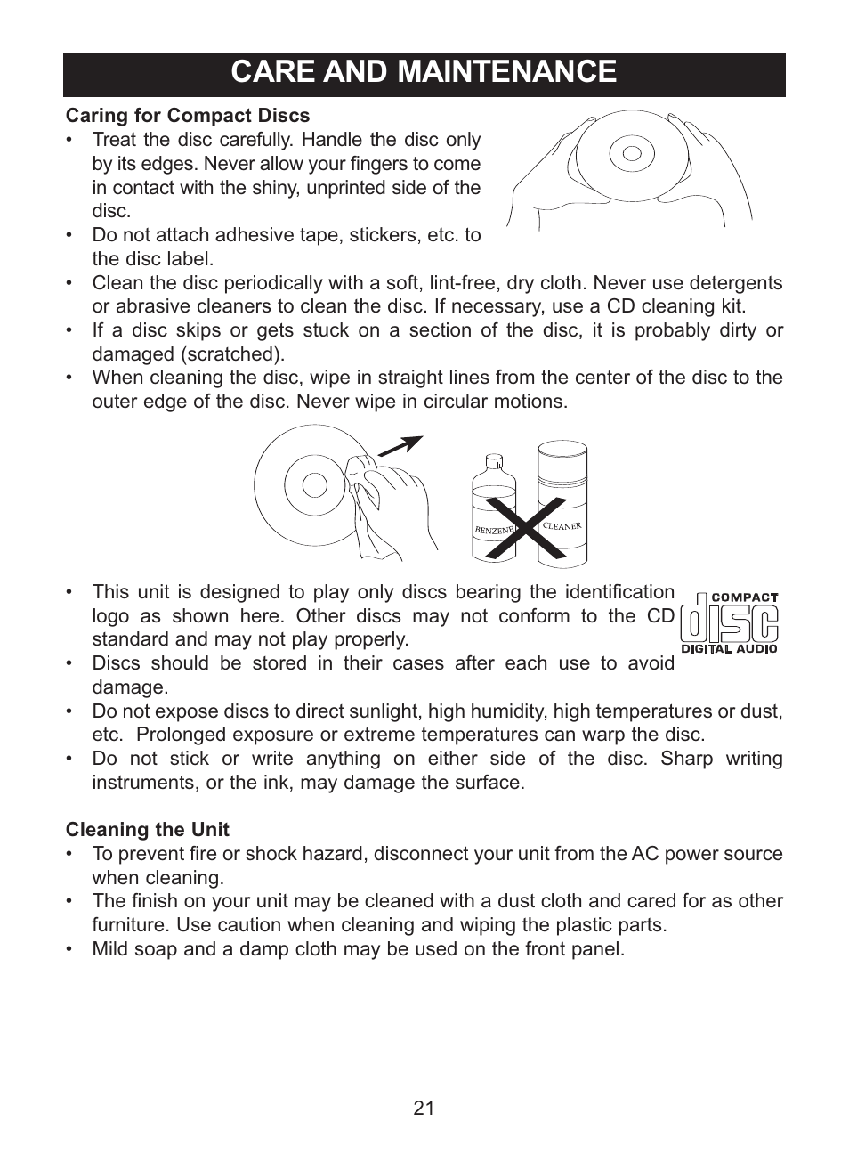 Care and maintenance | Memorex MC2864 User Manual | Page 22 / 25