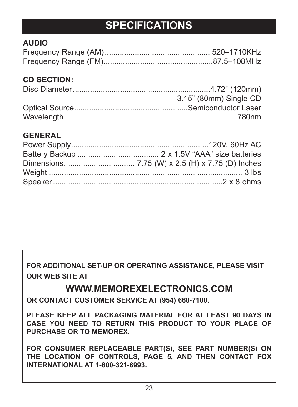 Specifications | Memorex MC2864 User Manual | Page 24 / 25