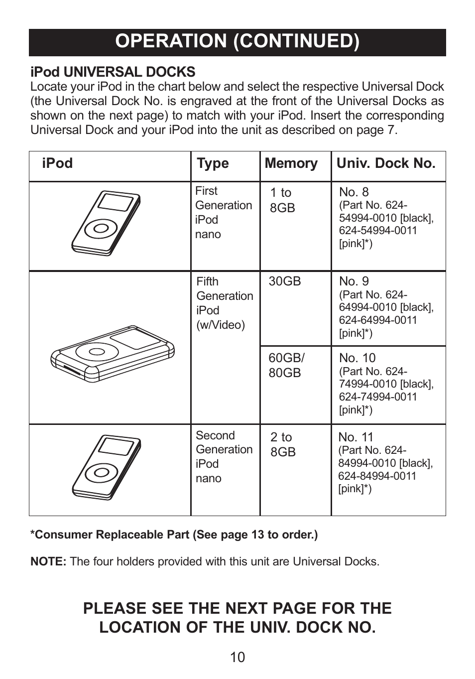 Operation (continued), Ipod universal docks | Memorex Mi2031-PNK User Manual | Page 11 / 28