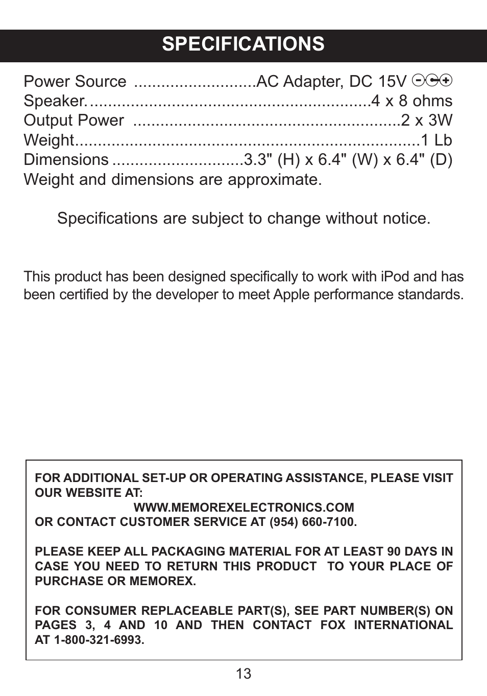 Specifications | Memorex Mi2031-PNK User Manual | Page 14 / 28