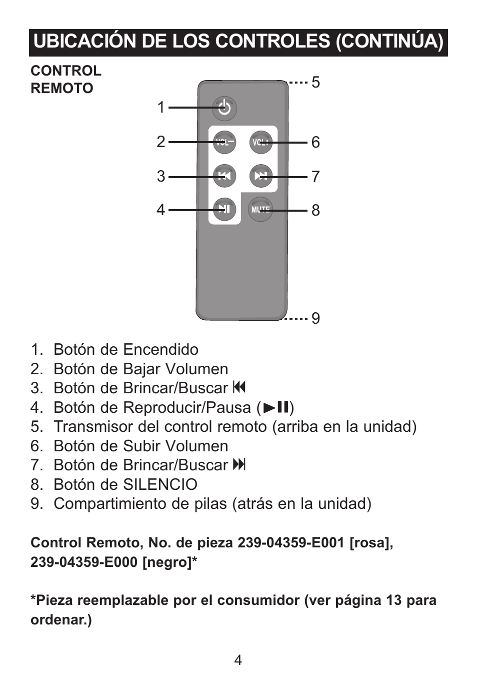 Ubicación de los controles (continúa) | Memorex Mi2031-PNK User Manual | Page 18 / 28