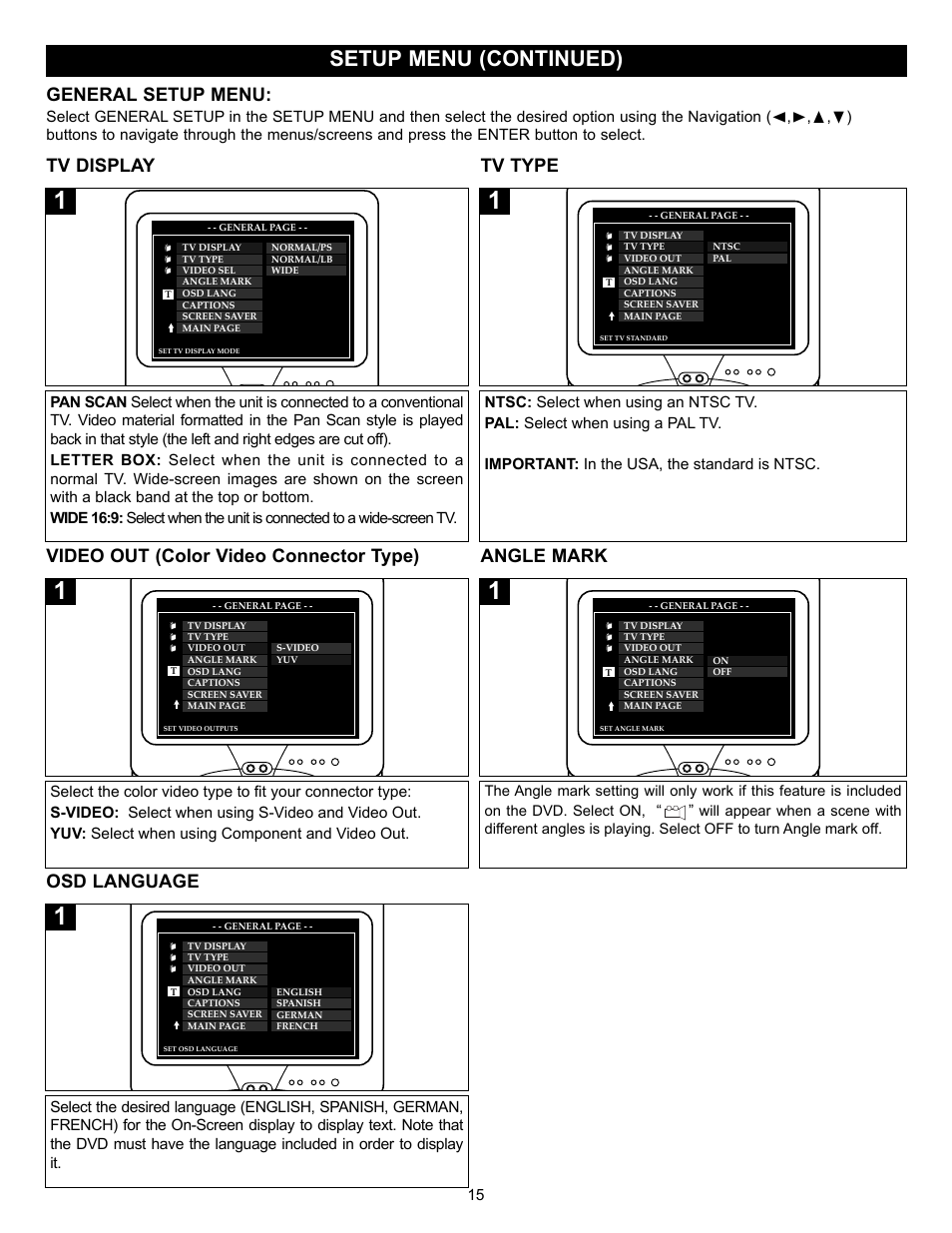 Setup menu (continued), General setup menu, Tv display tv type | Video out (color video connector type) angle mark, Osd language | Memorex MVD2030 User Manual | Page 16 / 37