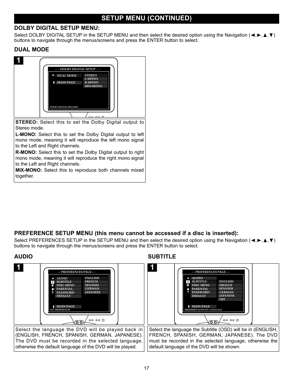 Setup menu (continued), Dolby digital setup menu, Dual mode | Audio subtitle | Memorex MVD2030 User Manual | Page 18 / 37