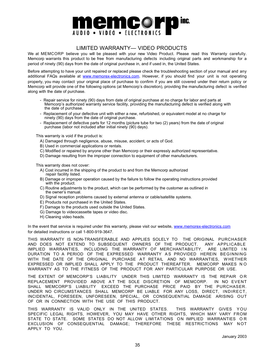 Limited warranty— video products | Memorex MVD2030 User Manual | Page 36 / 37