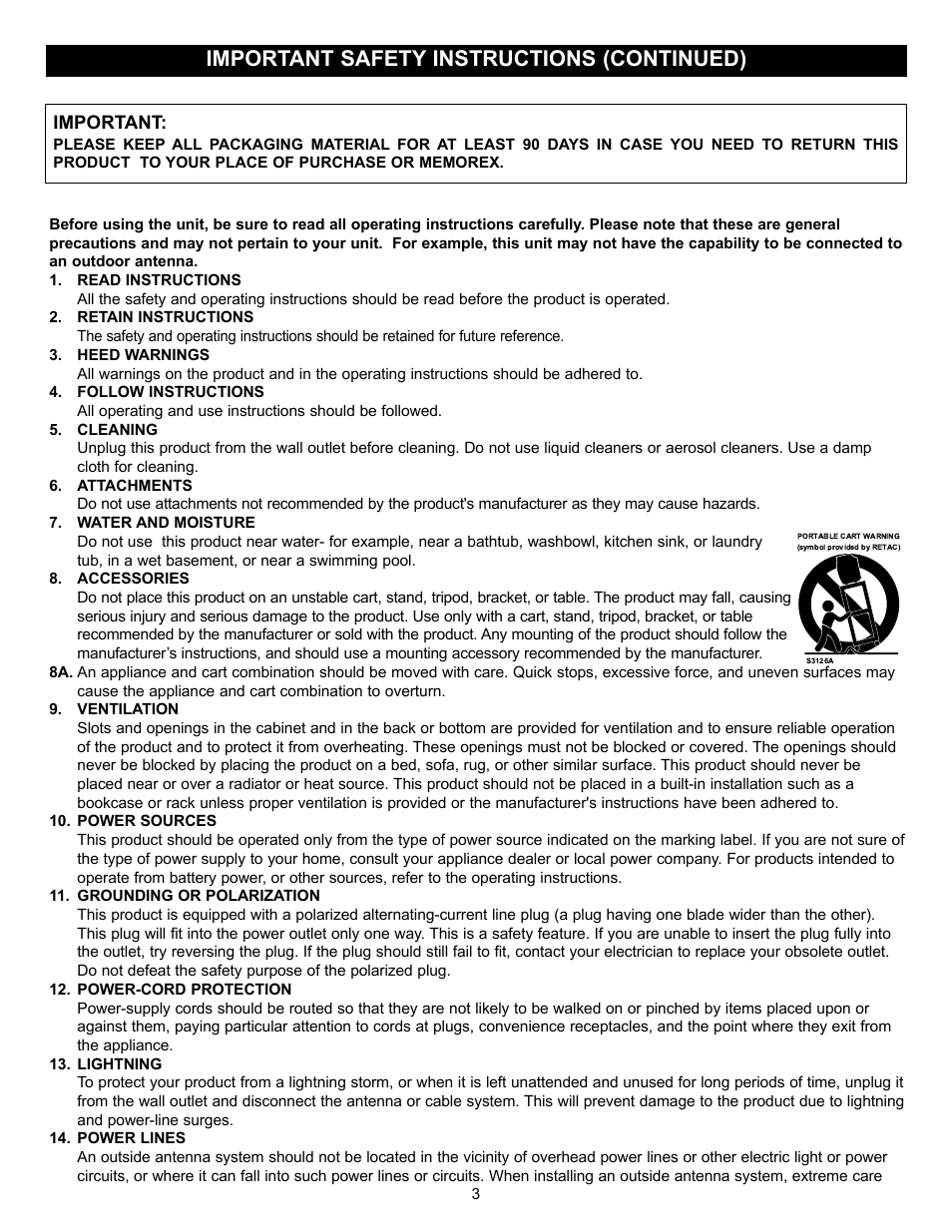 Important safety instructions (continued) | Memorex MVD2030 User Manual | Page 4 / 37