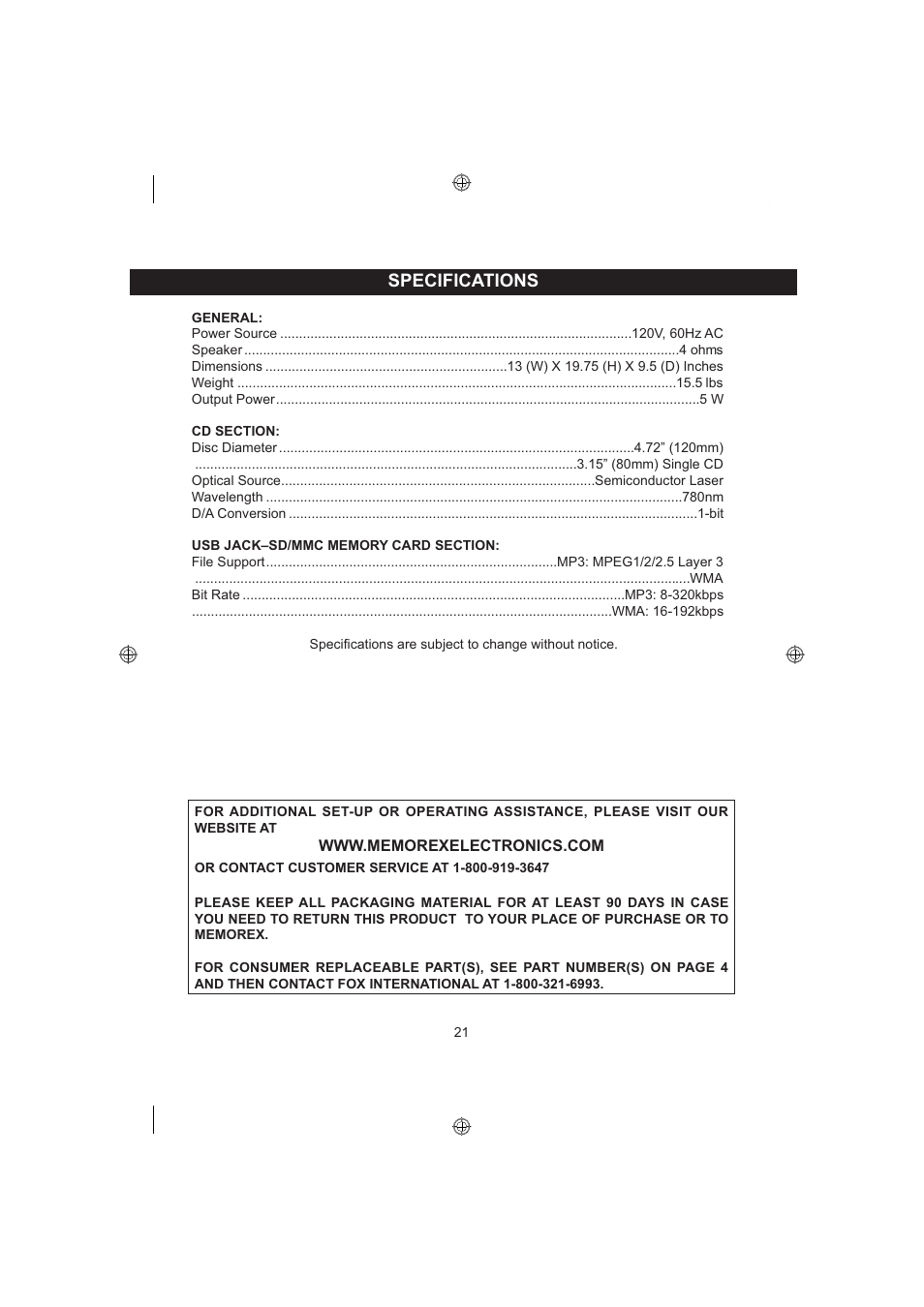 Specifications | Memorex MKS8590 User Manual | Page 22 / 23