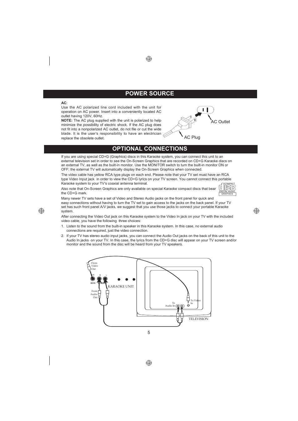 Power source optional connections, Ac plug ac outlet | Memorex MKS8590 User Manual | Page 6 / 23