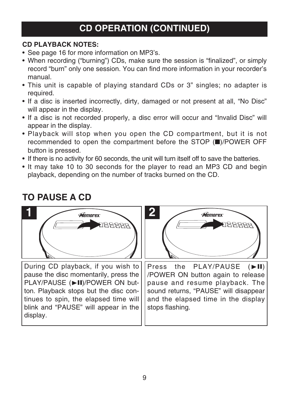 Cd operation (continued) | Memorex MPD8853 User Manual | Page 10 / 24