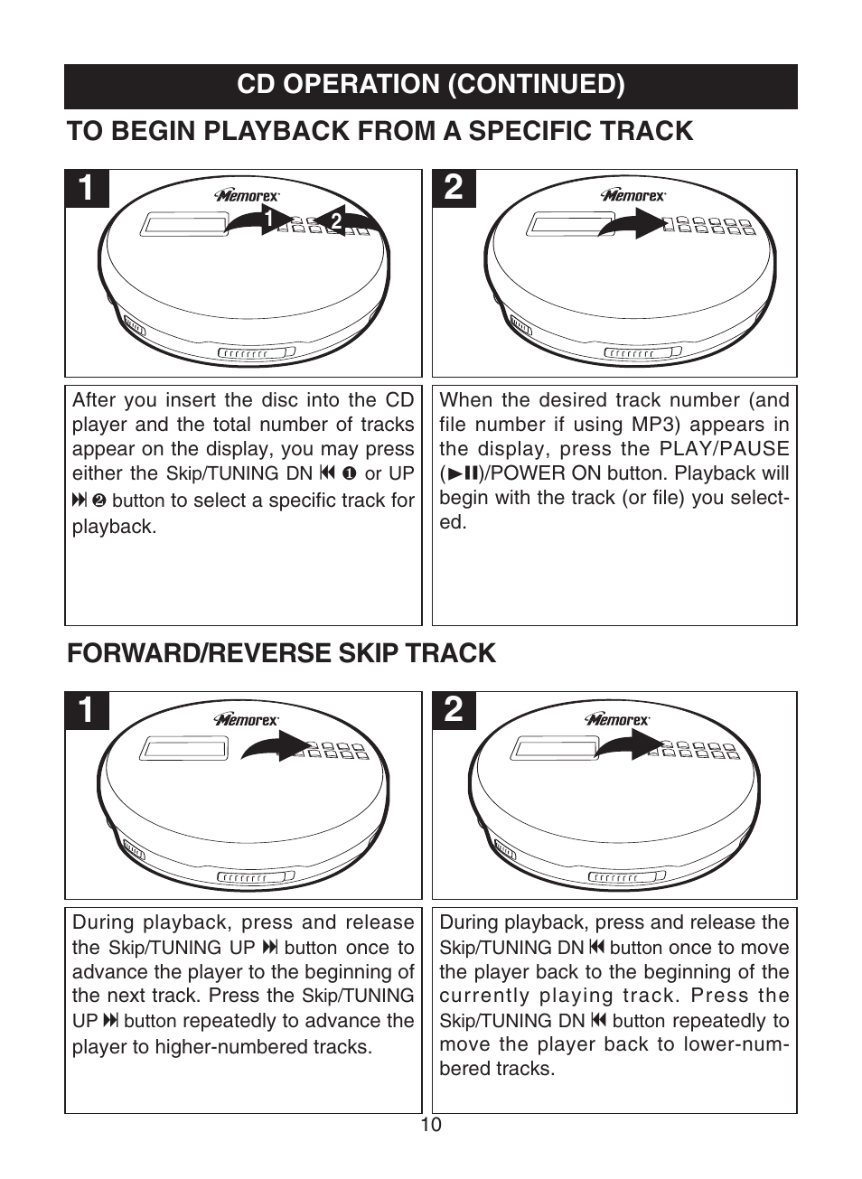 Cd operation (continued), Forward/reverse skip track | Memorex MPD8853 User Manual | Page 11 / 24