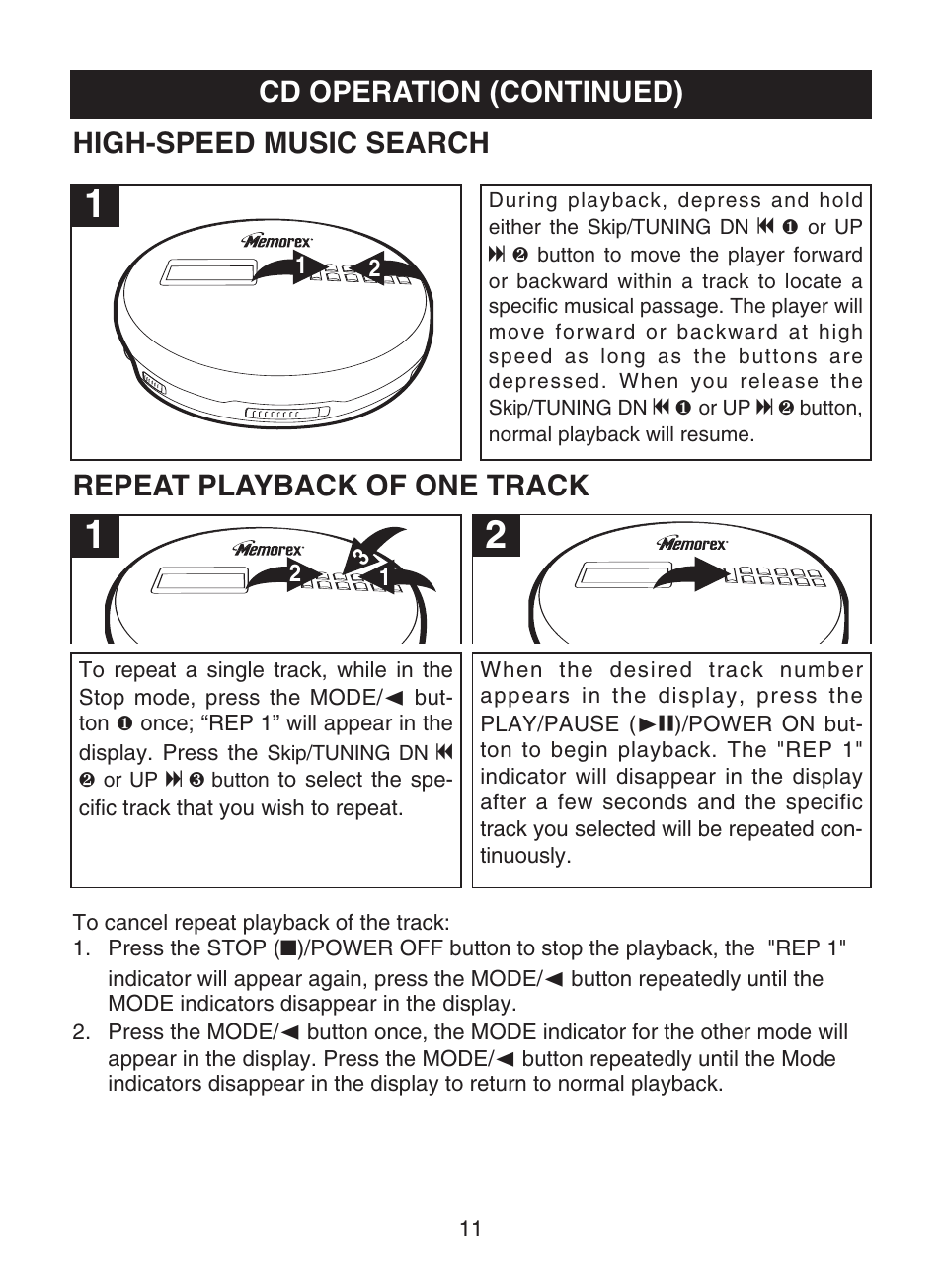 Cd operation (continued), High-speed music search, Repeat playback of one track | Memorex MPD8853 User Manual | Page 12 / 24