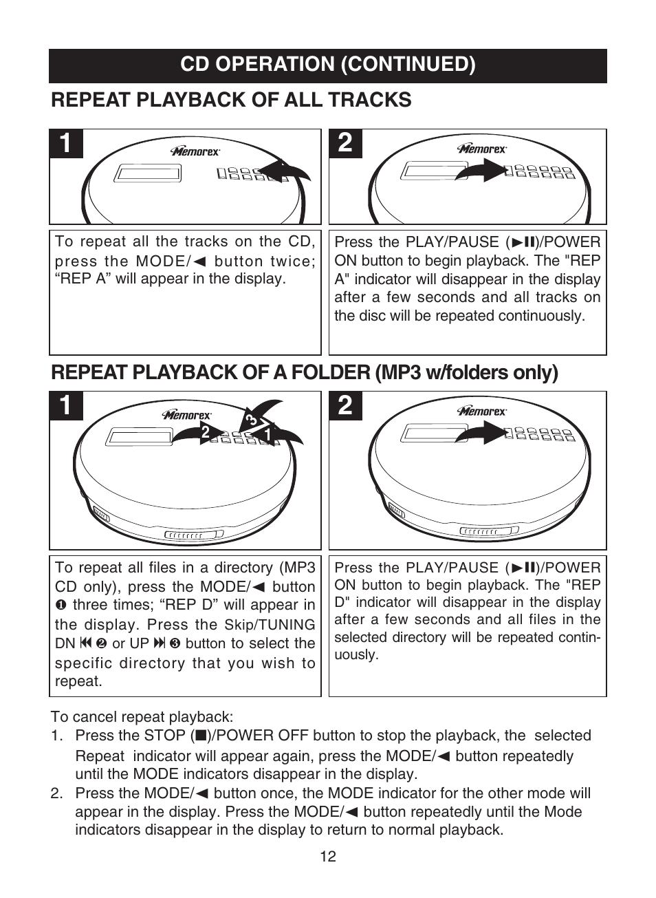 Cd operation (continued), Repeat playback of all tracks, Repeat playback of a folder (mp3 w/folders only) | Memorex MPD8853 User Manual | Page 13 / 24