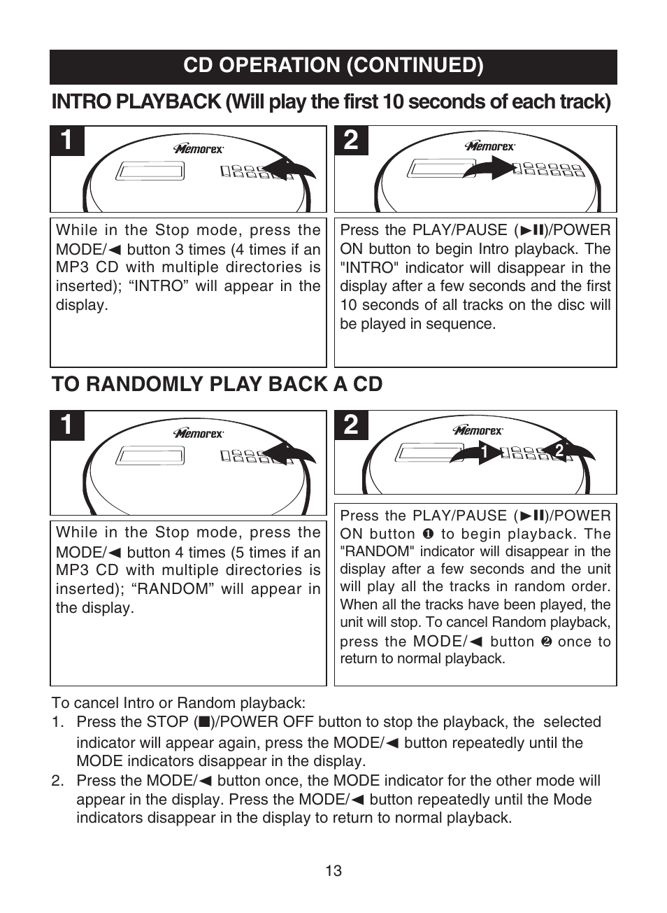 Cd operation (continued) | Memorex MPD8853 User Manual | Page 14 / 24