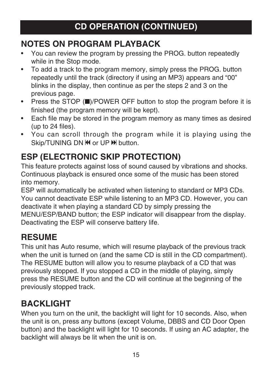 Resume, Backlight | Memorex MPD8853 User Manual | Page 16 / 24