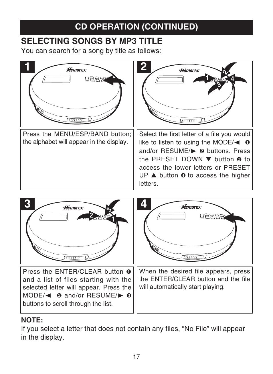 Selecting songs by mp3 title, Cd operation (continued) | Memorex MPD8853 User Manual | Page 18 / 24
