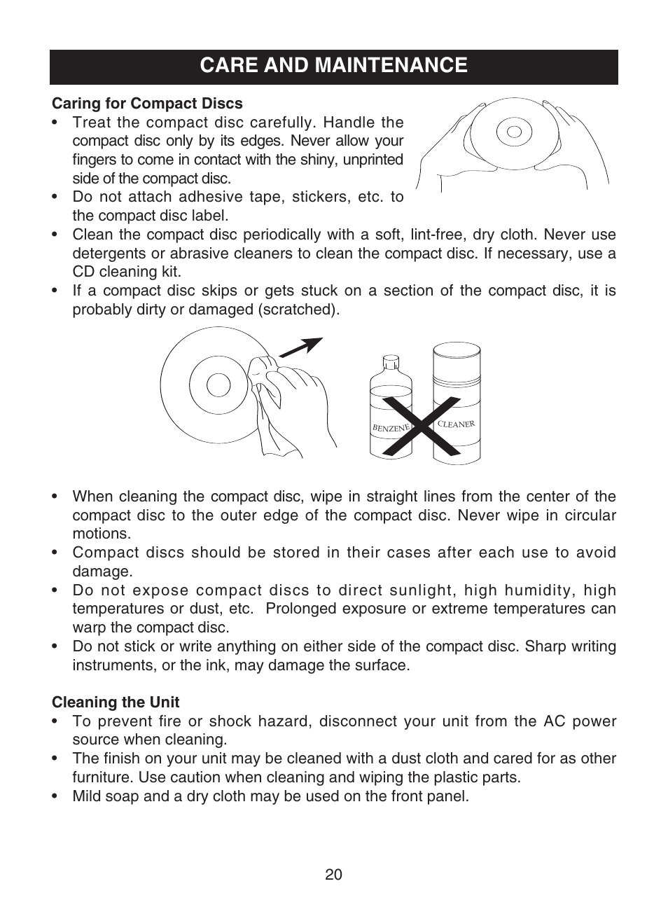 Care and maintenance | Memorex MPD8853 User Manual | Page 21 / 24