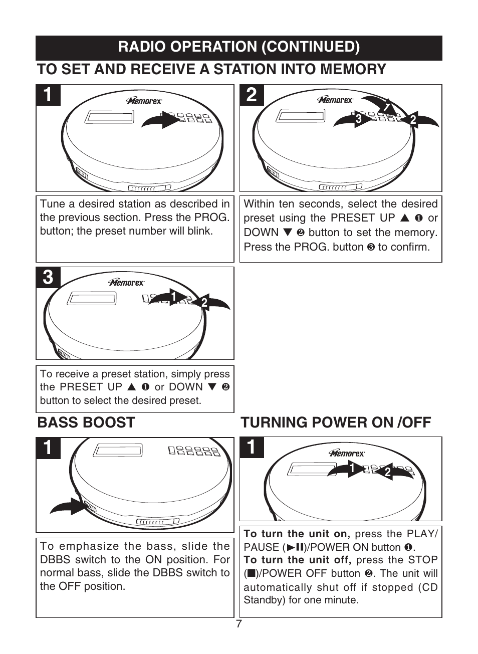 Radio operation (continued), Bass boost turning power on /off | Memorex MPD8853 User Manual | Page 8 / 24