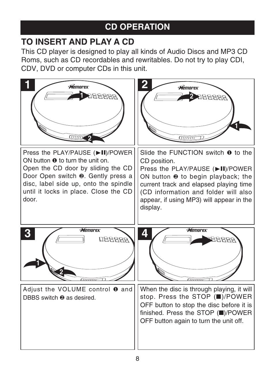 Cd operation | Memorex MPD8853 User Manual | Page 9 / 24