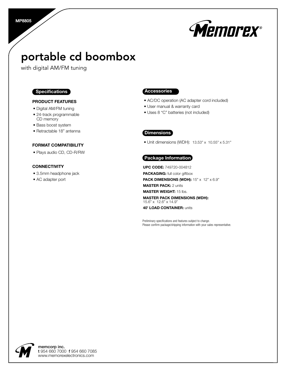 Portable cd boombox, With digital am/fm tuning | Memorex MP8805 User Manual | Page 2 / 2