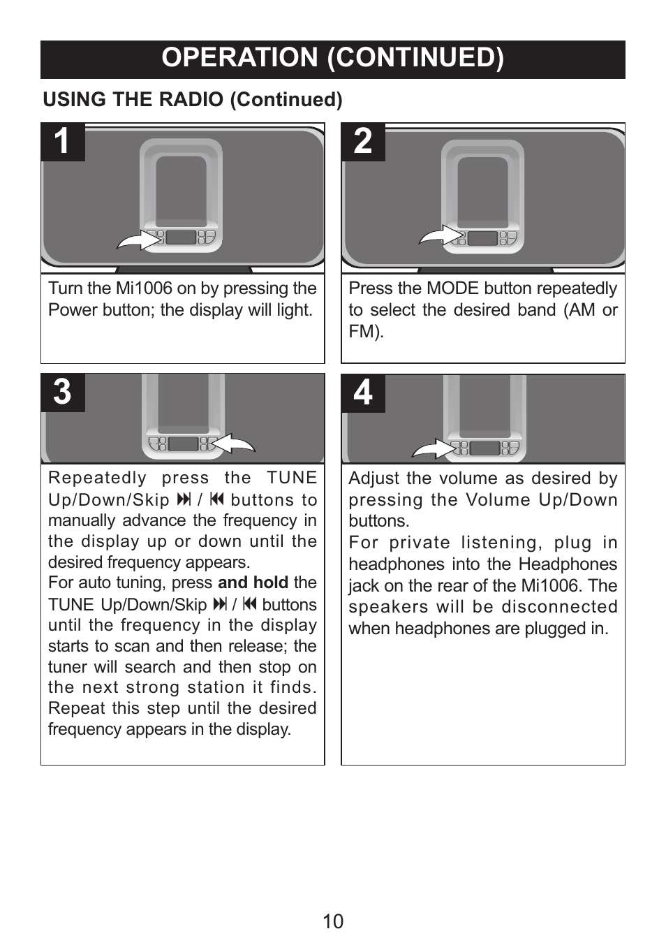 Operation (continued) | Memorex Mi1006 User Manual | Page 11 / 17