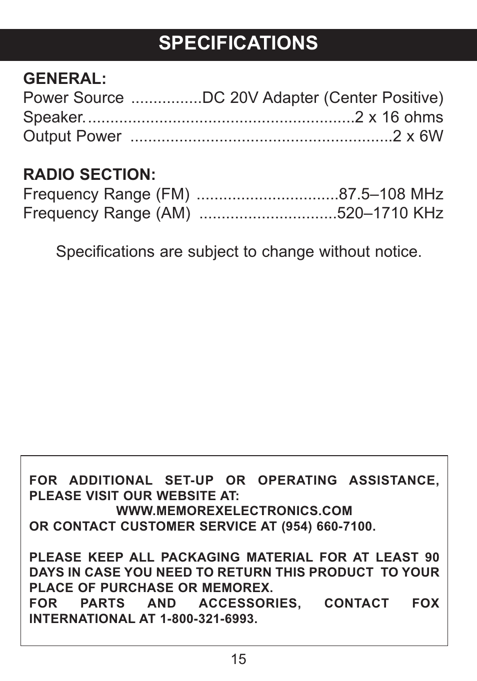 Specifications | Memorex Mi1006 User Manual | Page 16 / 17